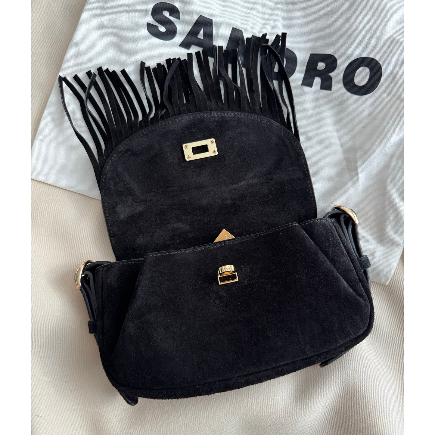 Sandro "Mini Mambo" Fringed Suede Bag in Black