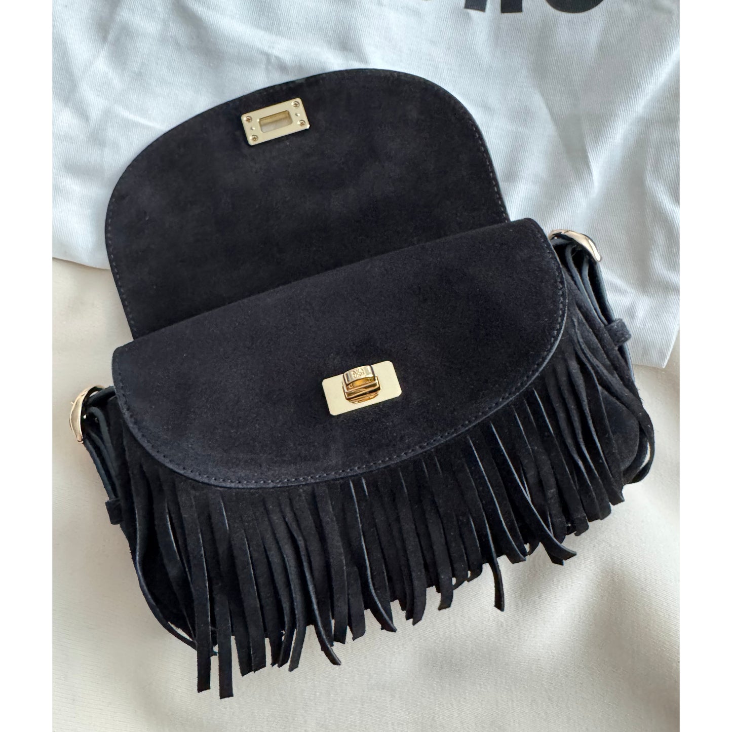 Sandro "Mini Mambo" Fringed Suede Bag in Black