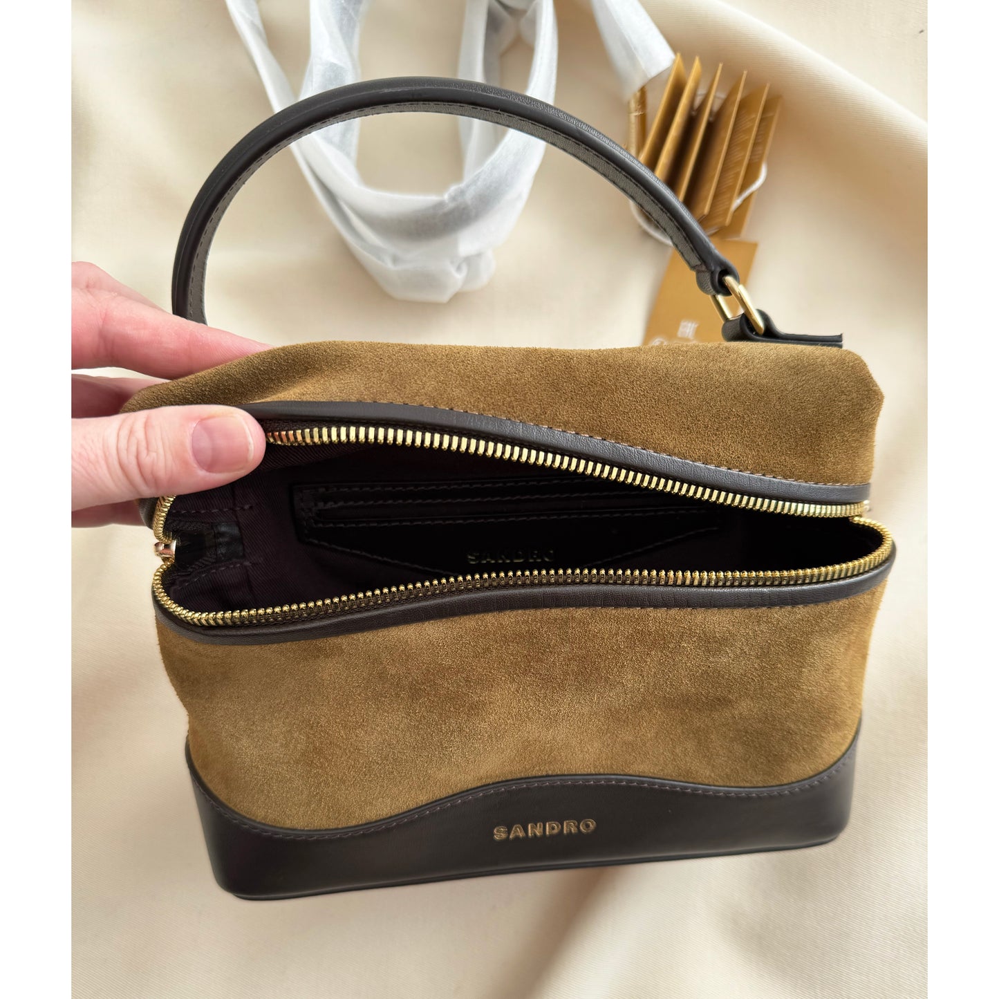 Sandro "Tangolino" Leather And Suede Vanity Bag in Camel