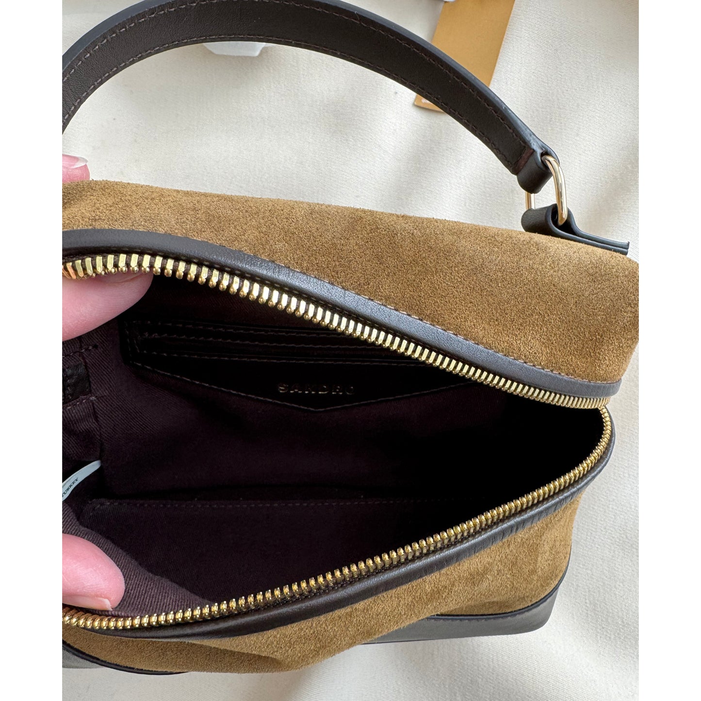 Sandro "Tangolino" Leather And Suede Vanity Bag in Camel