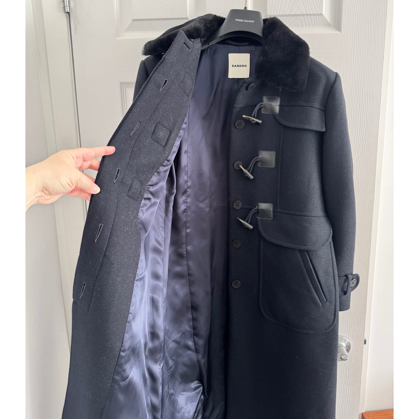 Sandro Toggle Button Coat with Shearling Collar in Navy, Size 38