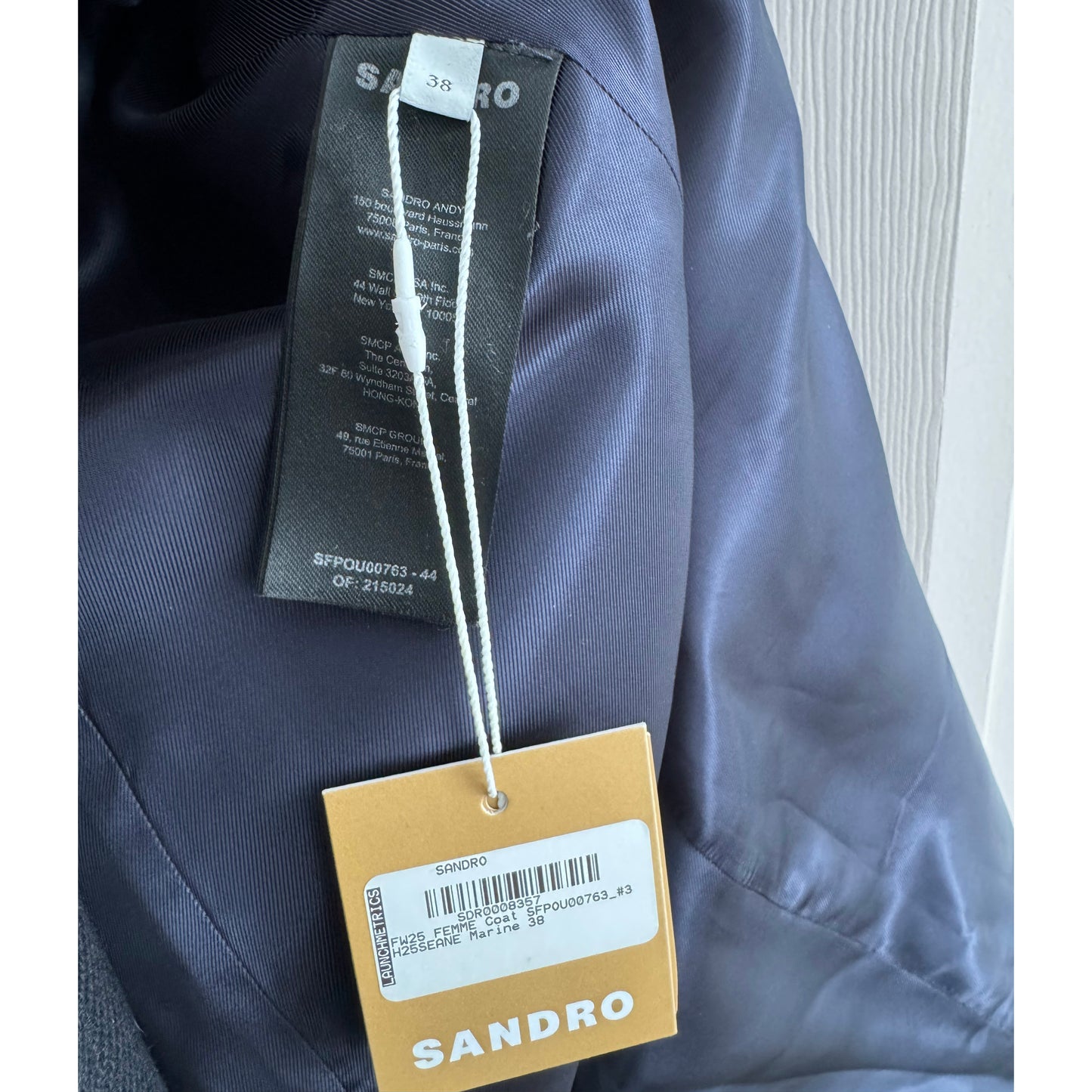 Sandro Toggle Button Coat with Shearling Collar in Navy, Size 38
