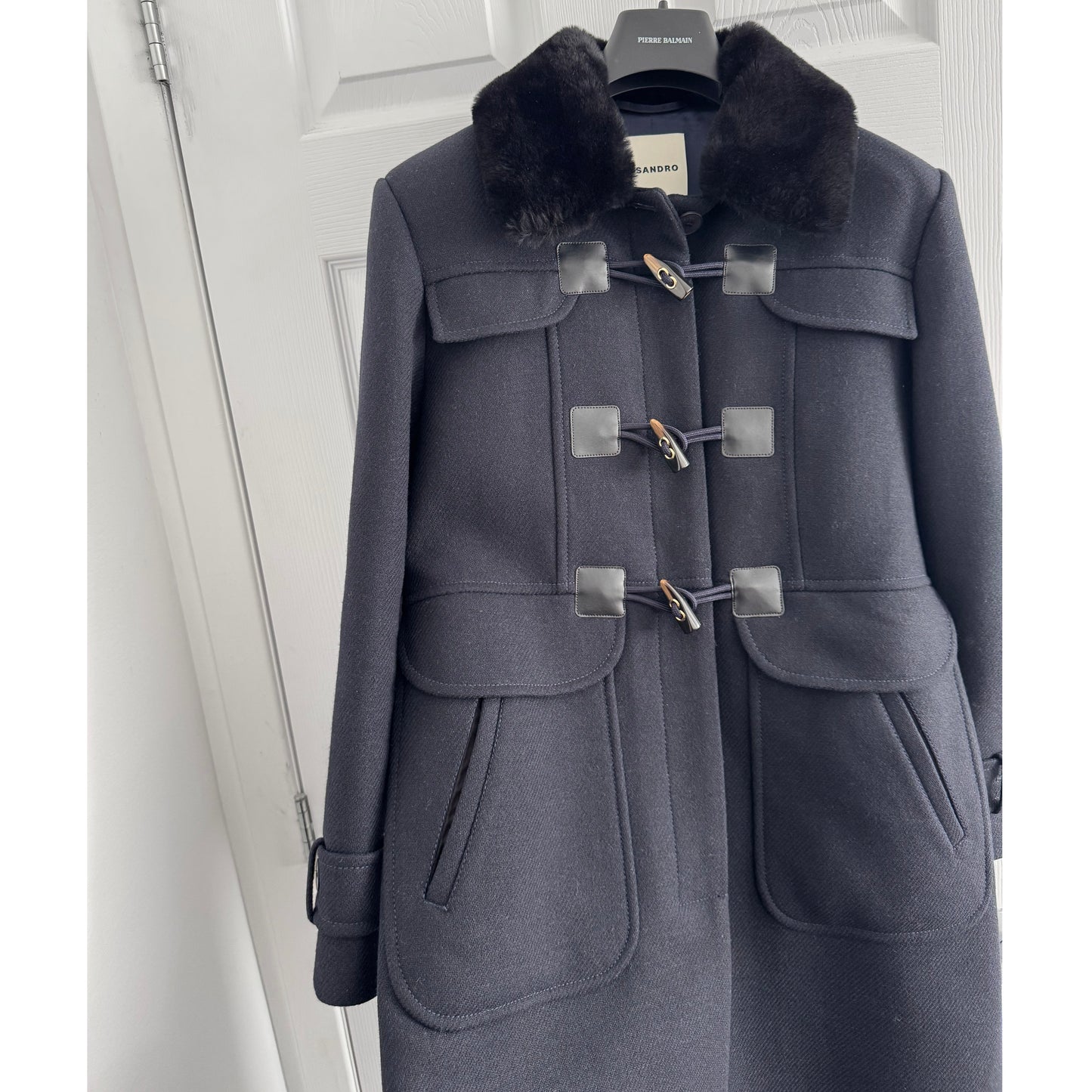 Sandro Toggle Button Coat with Shearling Collar in Navy, Size 38