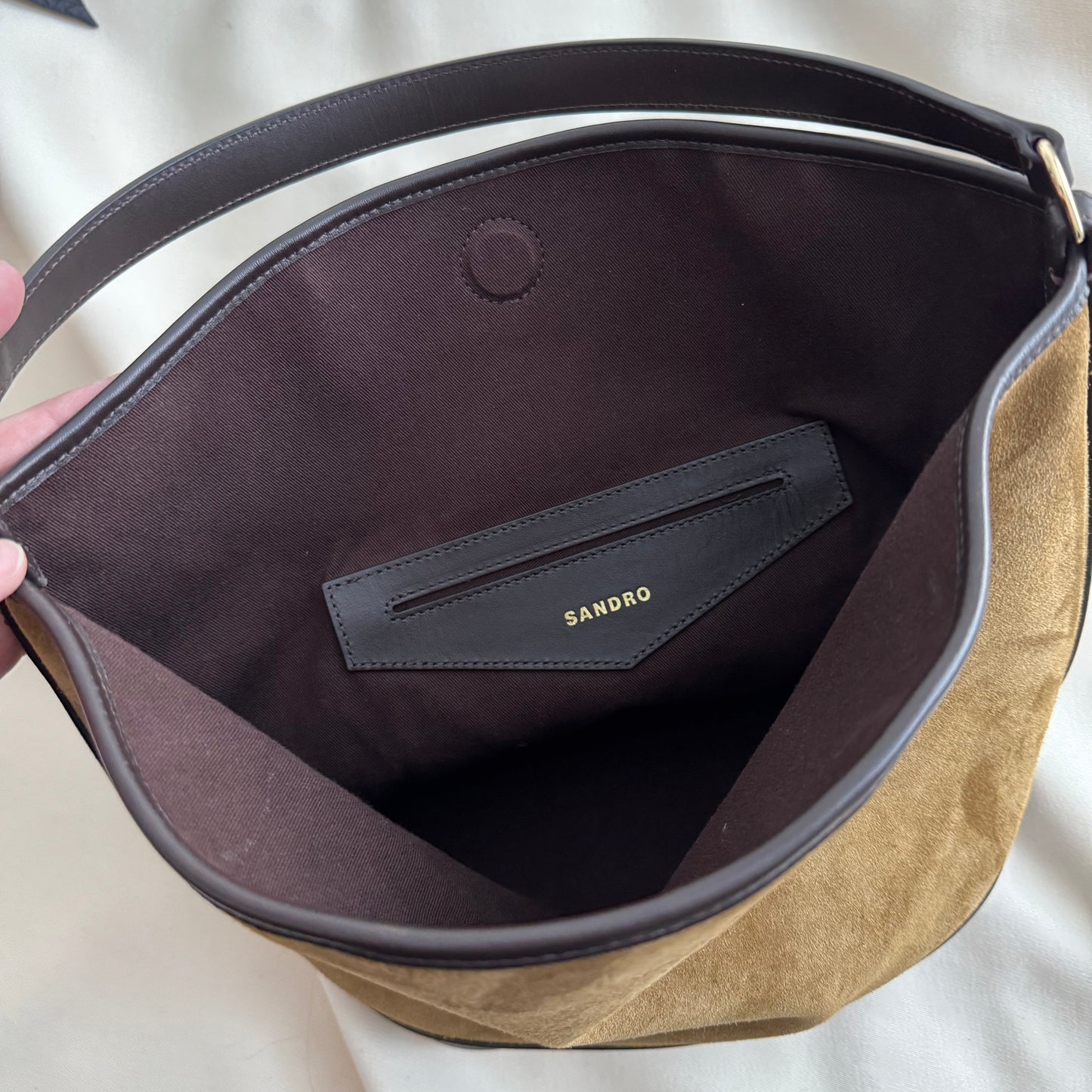 Sandro Paris "Tangoso" Suede-Leather Bucket Bag in Camel