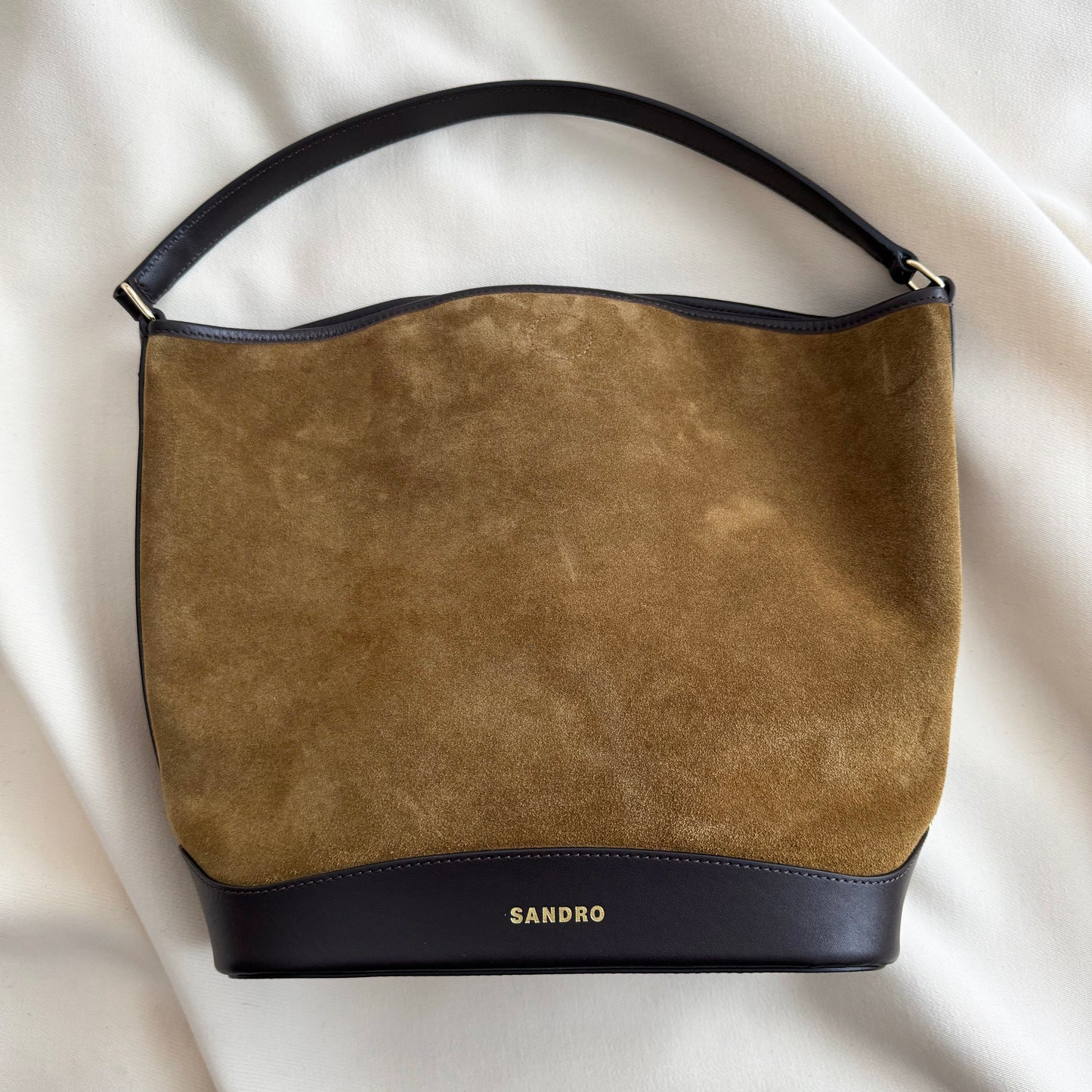 Sandro Paris "Tangoso" Suede-Leather Bucket Bag in Camel
