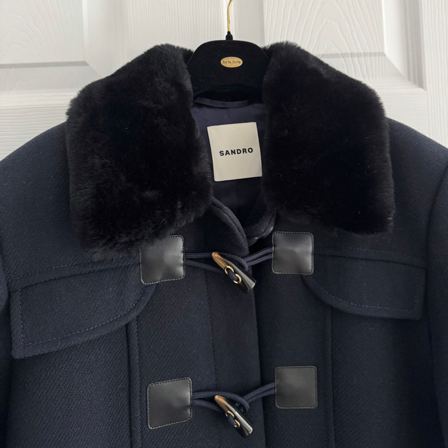 Sandro Toggle Button Coat with Shearling Collar in Navy, Size 38