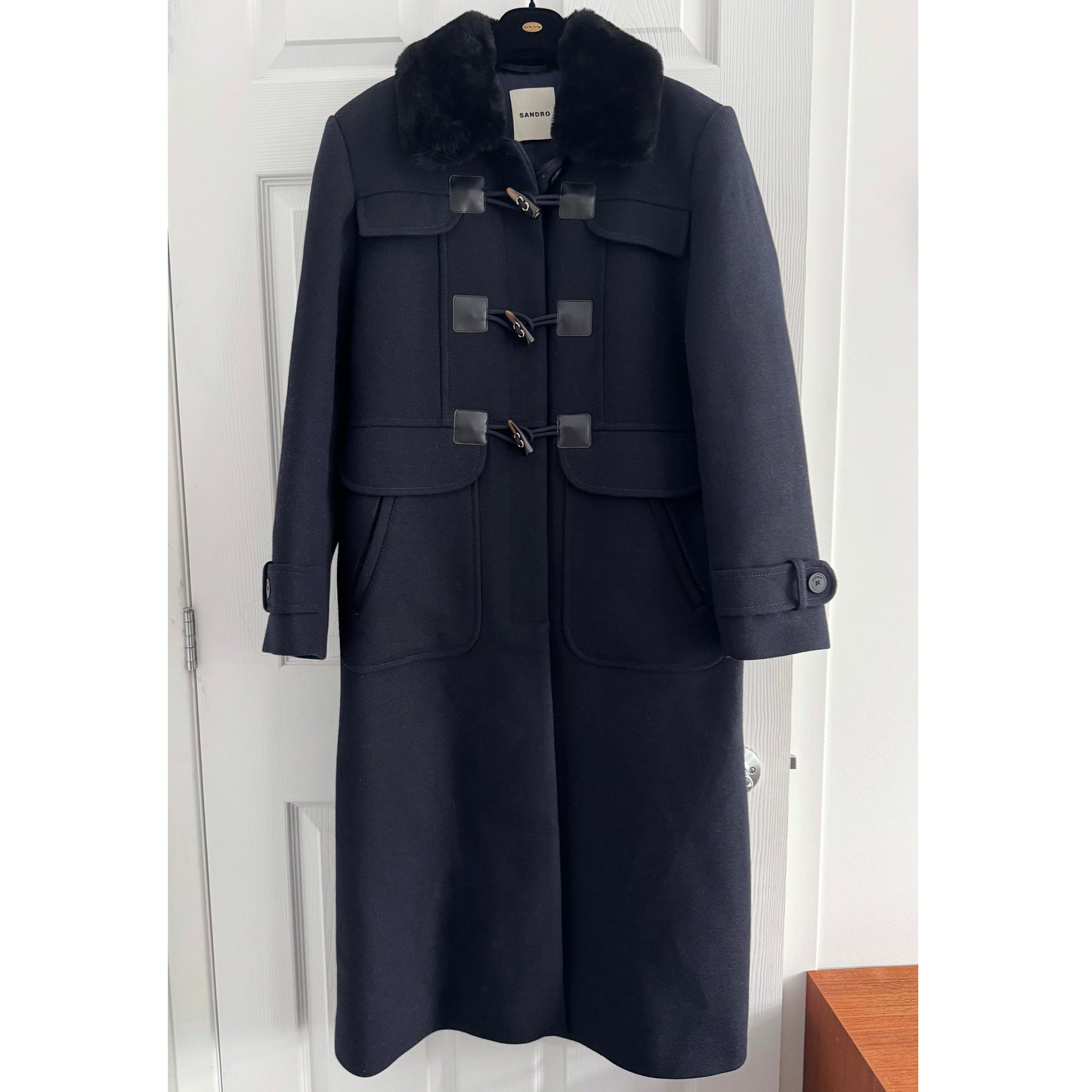 Sandro Toggle Button Coat with Shearling Collar in Navy, Size 38