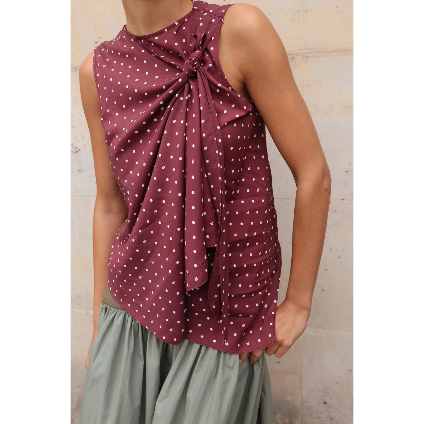 Zandra "Scarlett" Polka Dot Top in Burgundy, size Medium