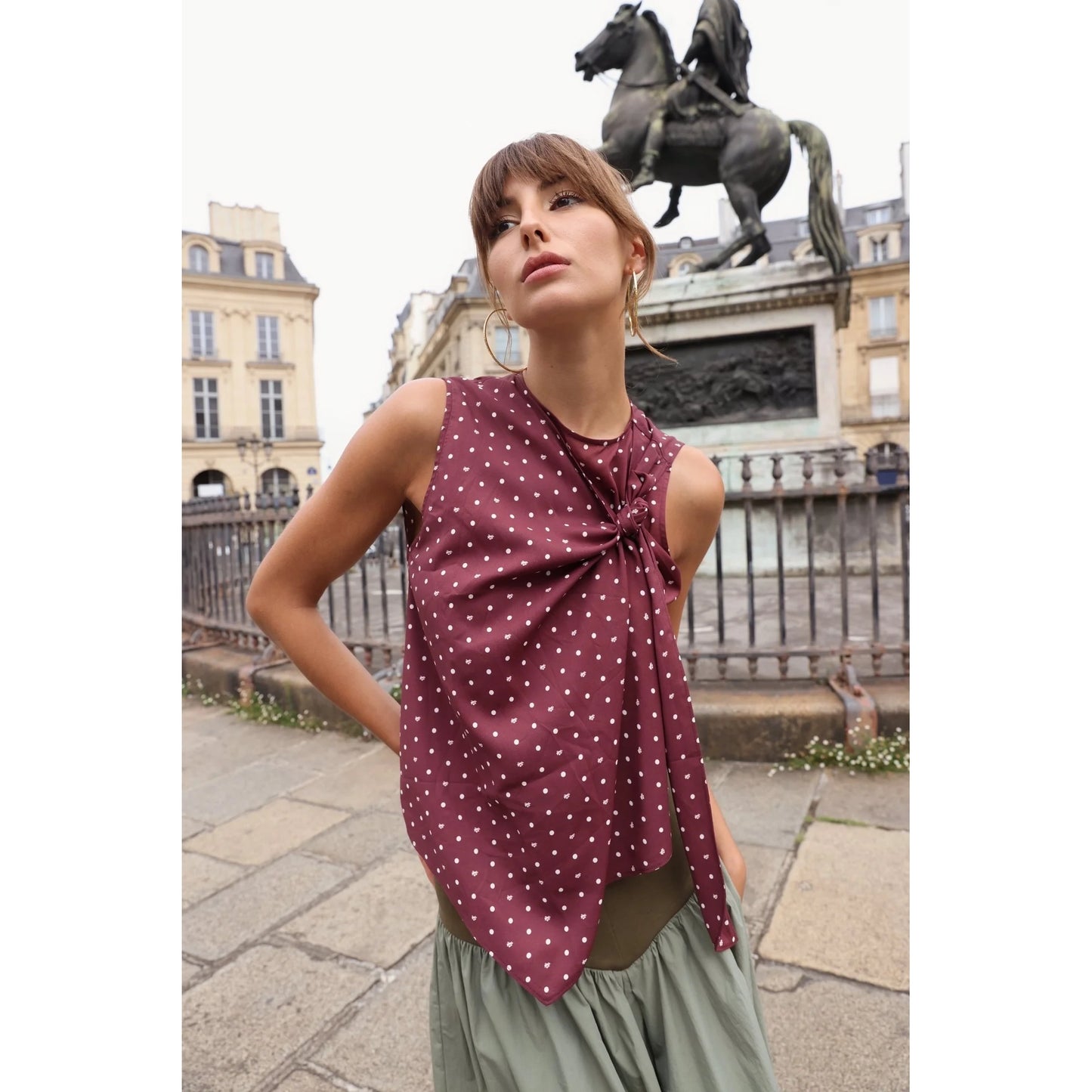 Zandra "Scarlett" Polka Dot Top in Burgundy, size Medium