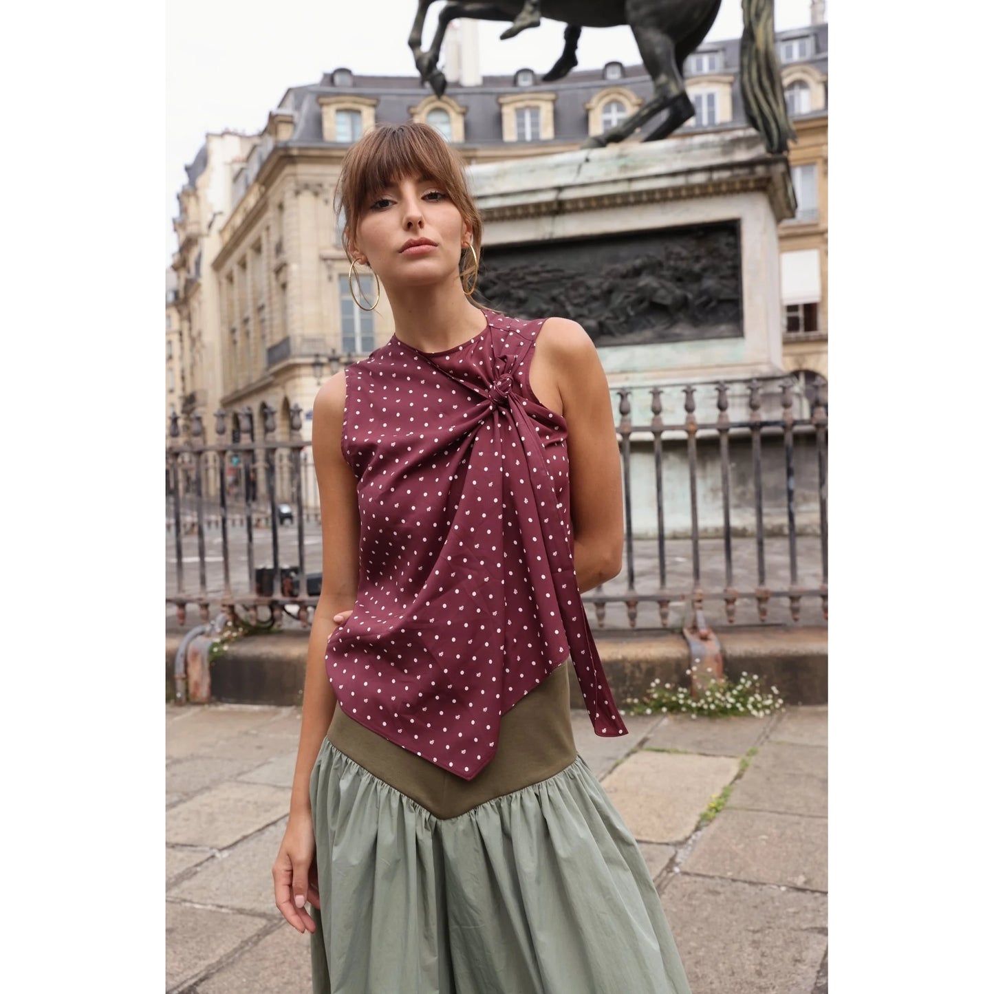 Zandra "Scarlett" Polka Dot Top in Burgundy, size Medium