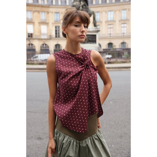 Zandra "Scarlett" Polka Dot Top in Burgundy, size Medium