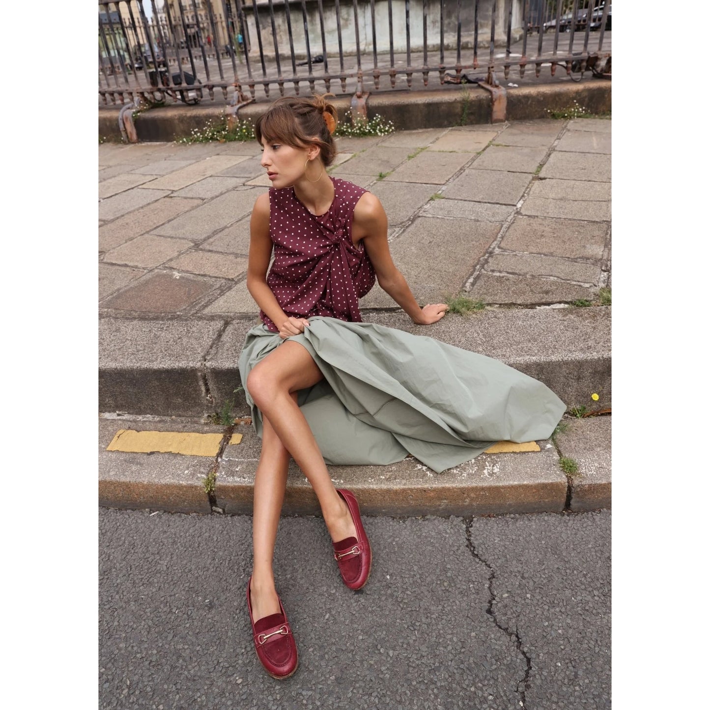 Zandra "Scarlett" Polka Dot Top in Burgundy, size Medium