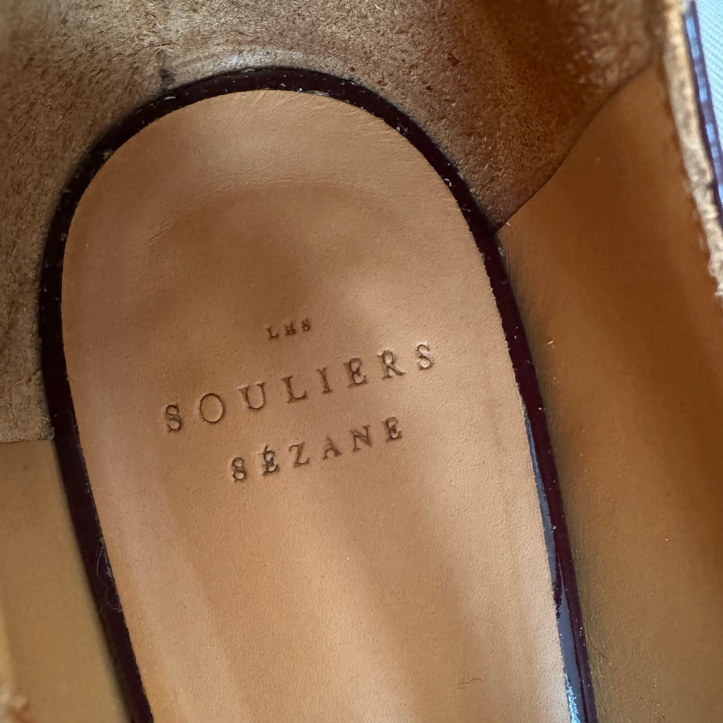 Sezane "Esther Salome" T-Strap Patent Pumps in Bordeaux, size 40