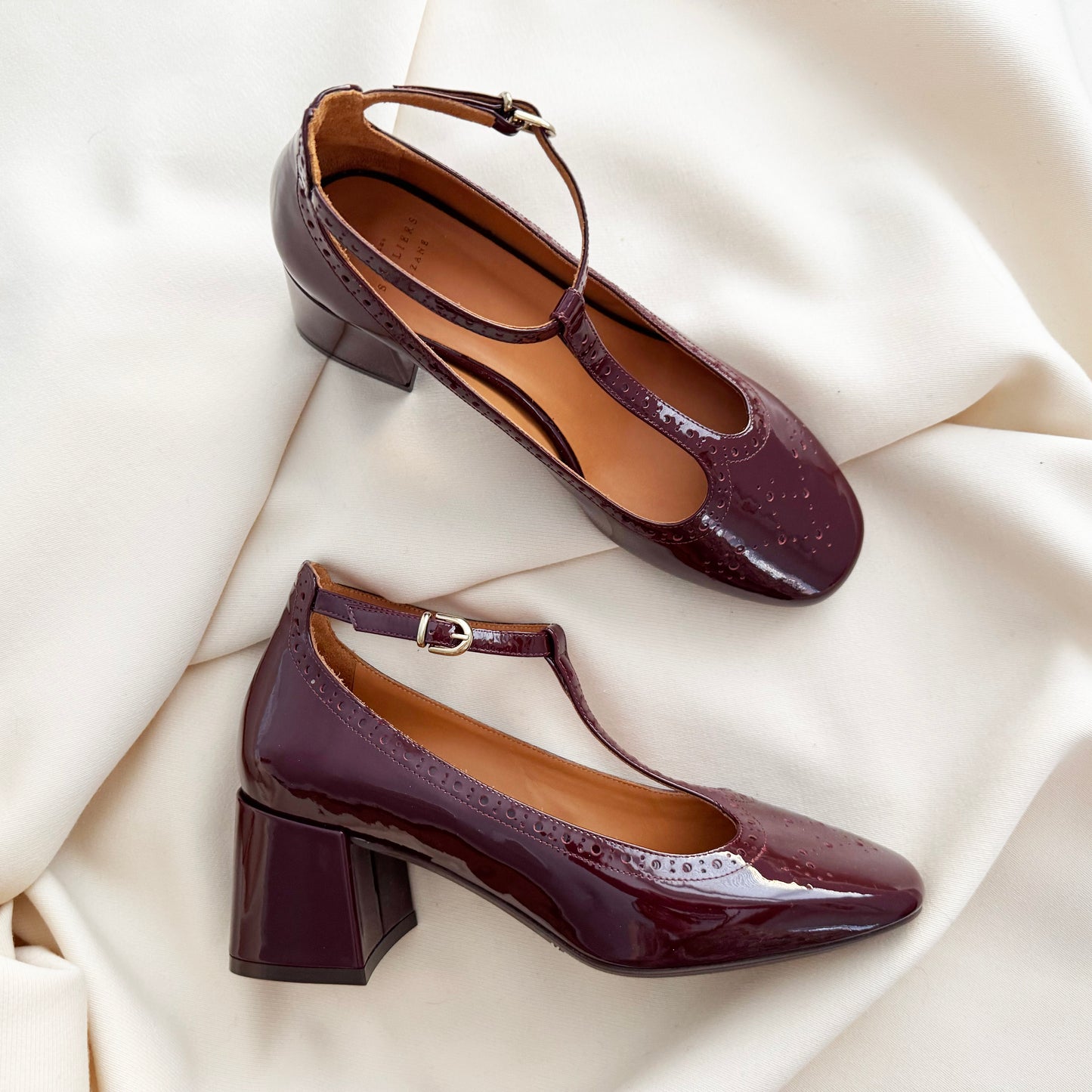 Sezane "Esther Salome" T-Strap Patent Pumps in Bordeaux, size 40