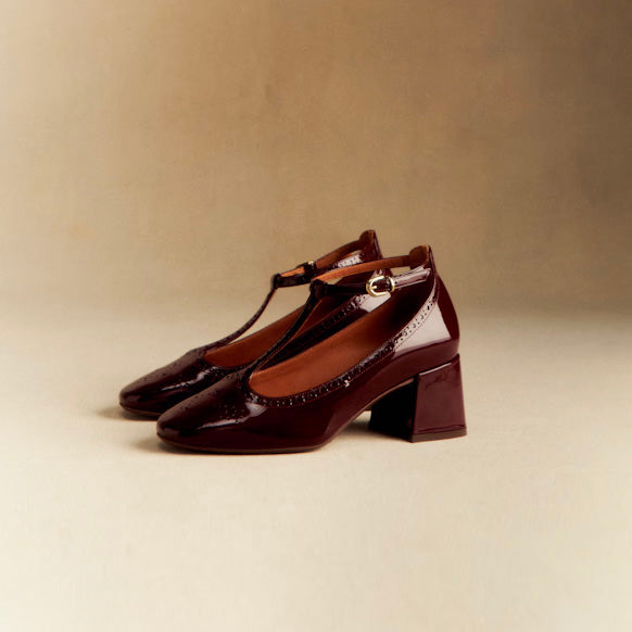 Sezane "Esther Salome" T-Strap Patent Pumps in Bordeaux, size 40