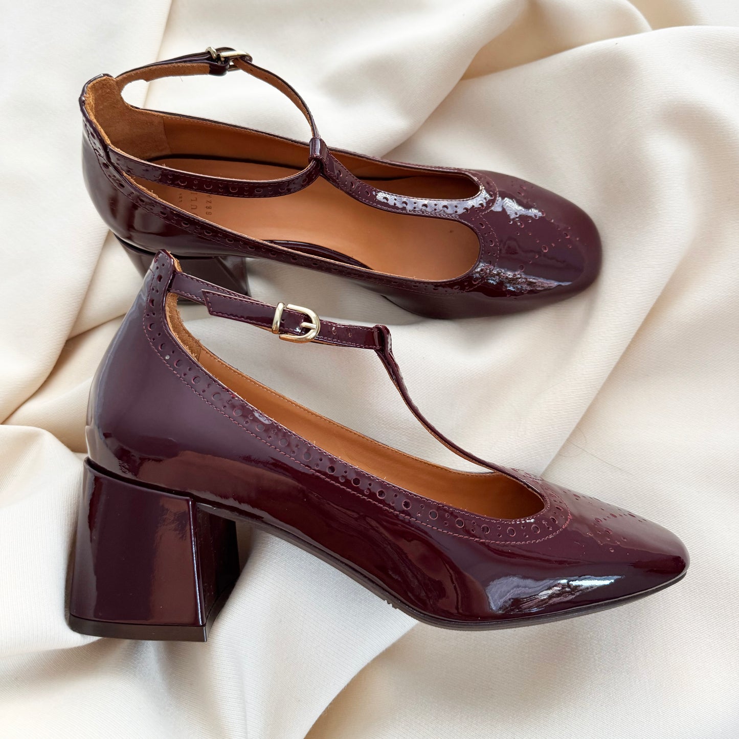 Sezane "Esther Salome" T-Strap Patent Pumps in Bordeaux, size 40