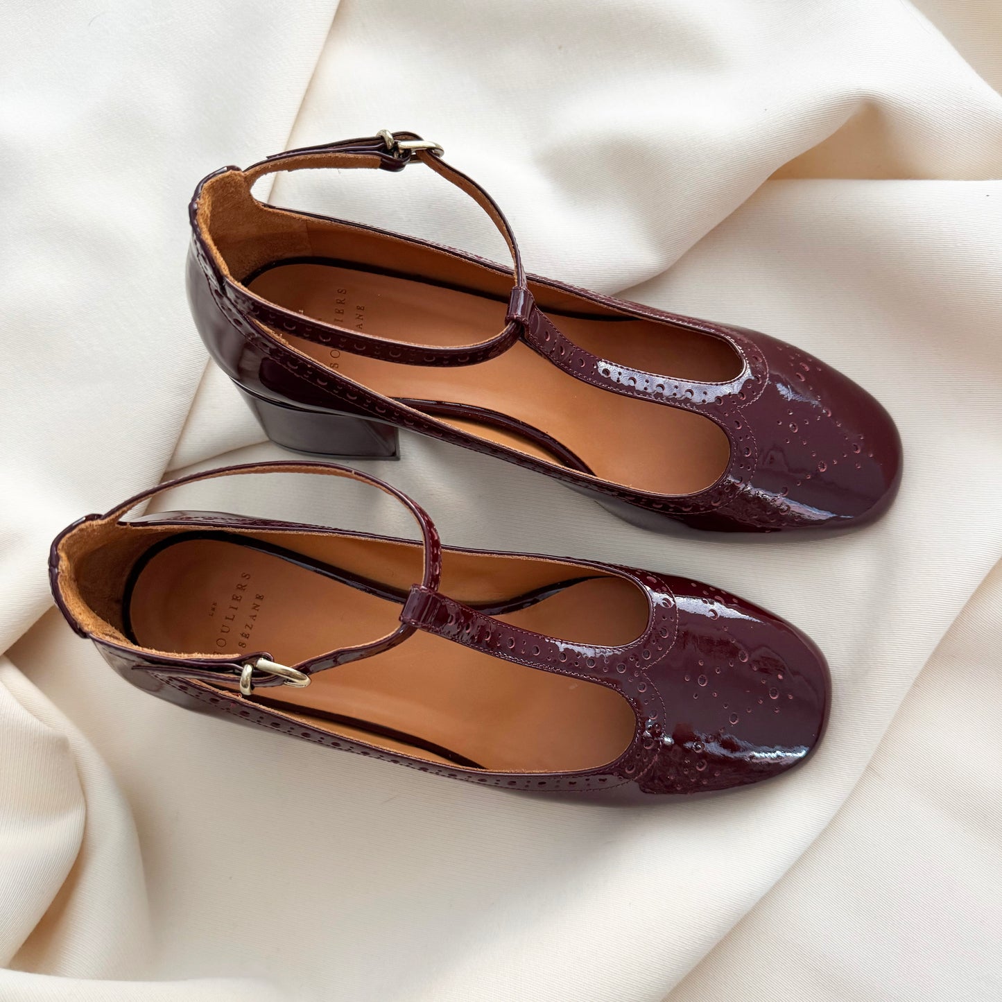 Sezane "Esther Salome" T-Strap Patent Pumps in Bordeaux, size 40