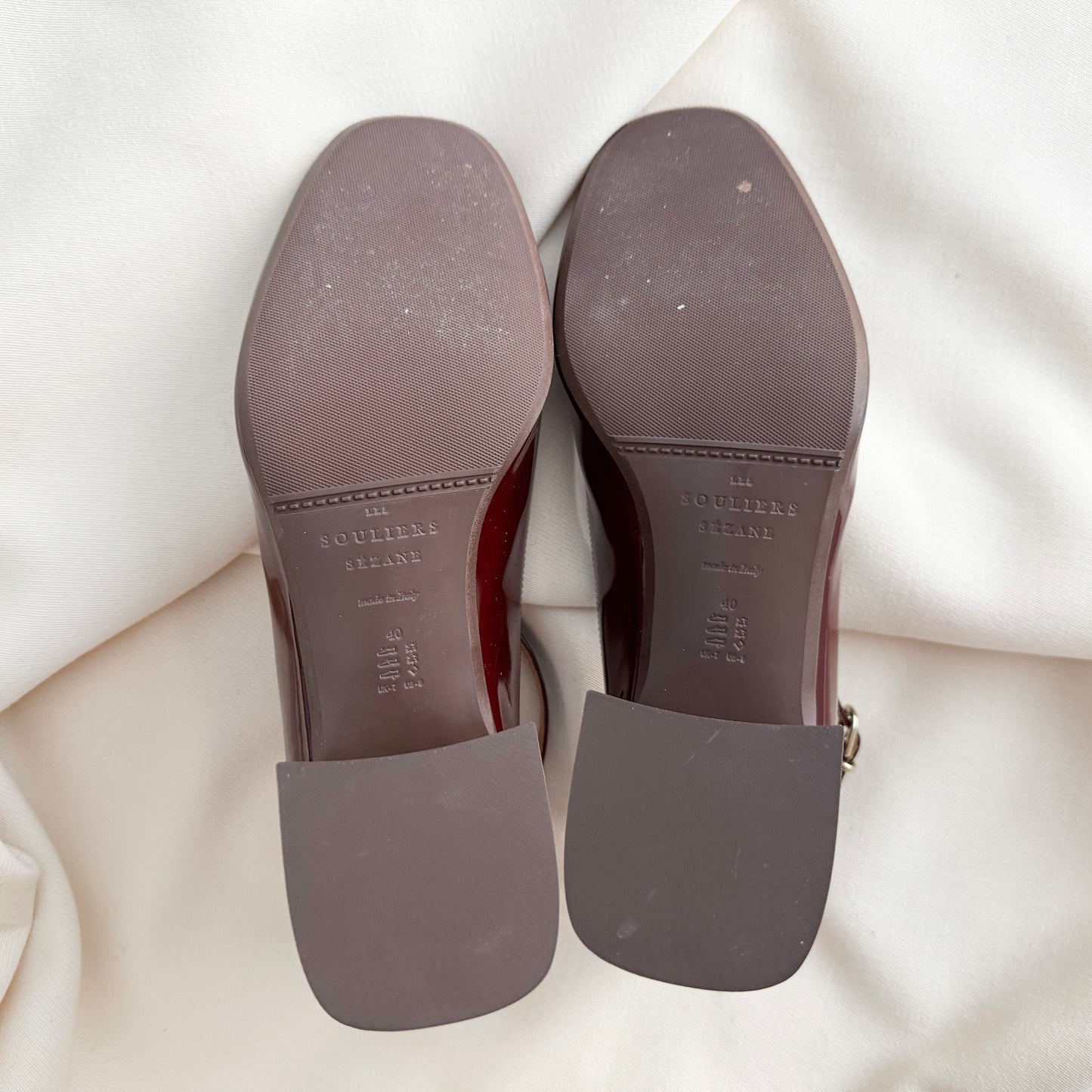 Sezane "Esther Salome" T-Strap Patent Pumps in Bordeaux, size 40