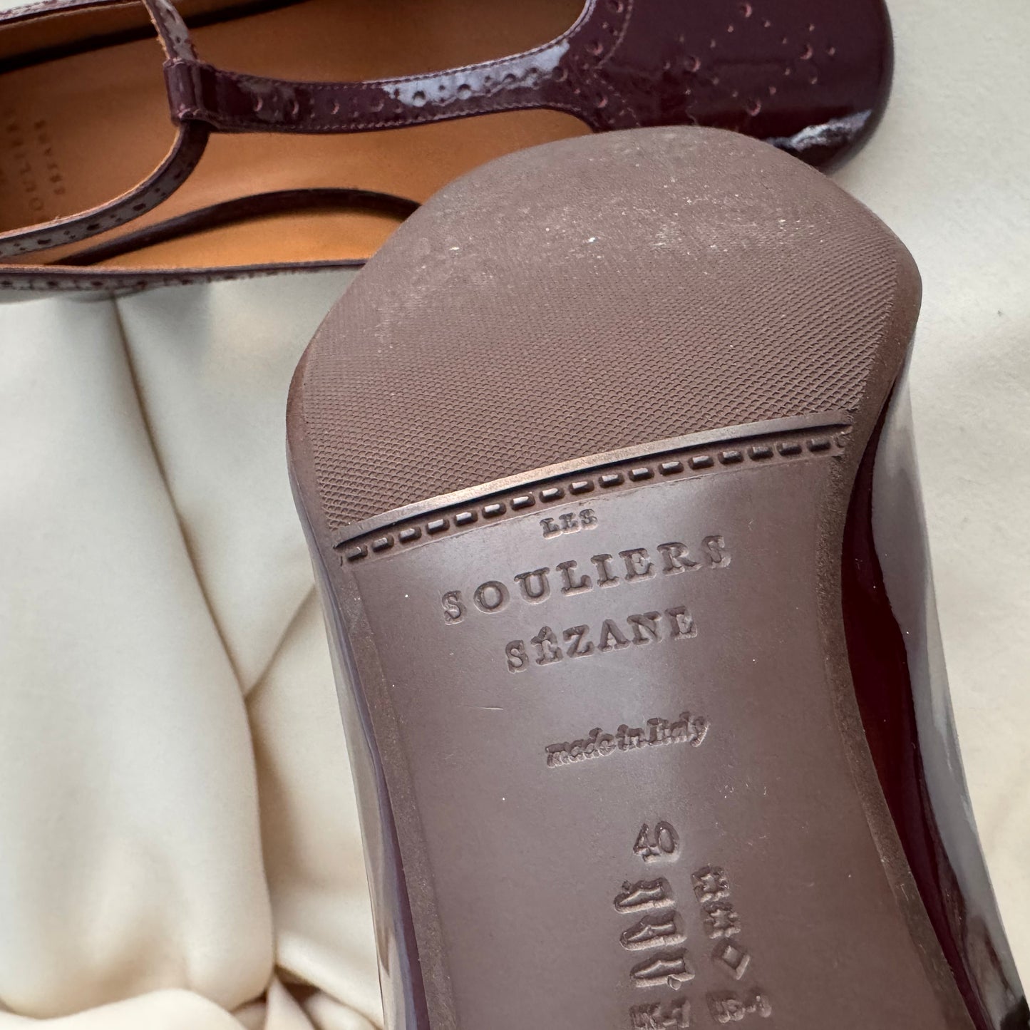 Sezane "Esther Salome" T-Strap Patent Pumps in Bordeaux, size 40