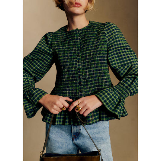 Sezane "Deidra" Shirt in Blue and Green Check, size 36