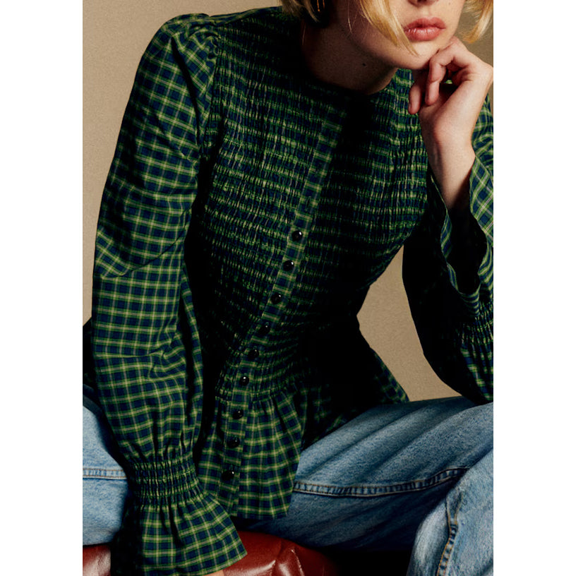 Sezane "Deidra" Shirt in Blue and Green Check, size 36