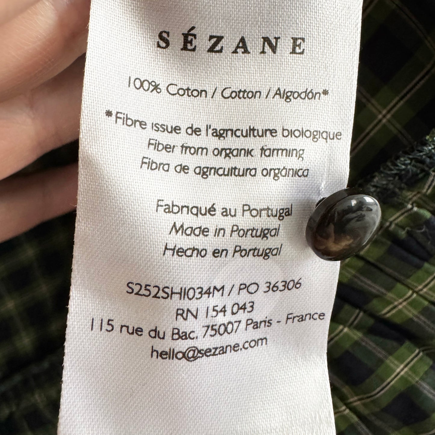 Sezane "Deidra" Shirt in Blue and Green Check, size 36