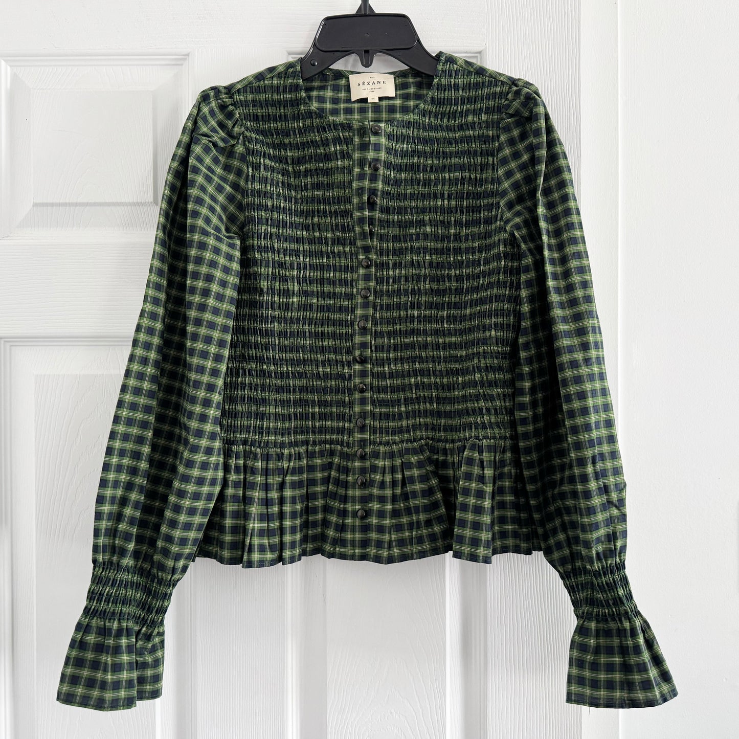 Sezane "Deidra" Shirt in Blue and Green Check, size 36