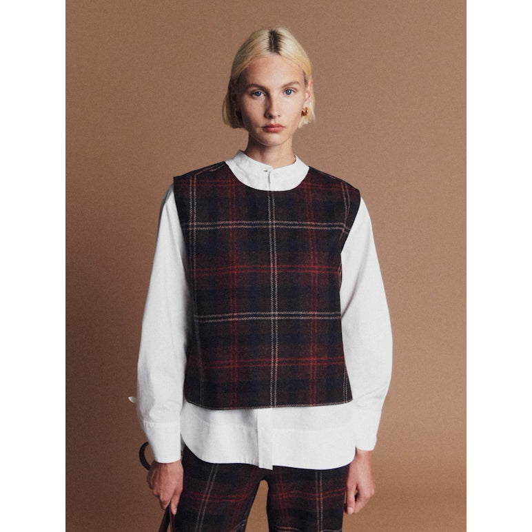 Sezane "Aaron" Plaid Vest in Maroon, size 36 (Size Small)