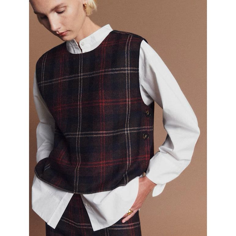 Sezane "Aaron" Plaid Vest in Maroon, size 36 (Size Small)