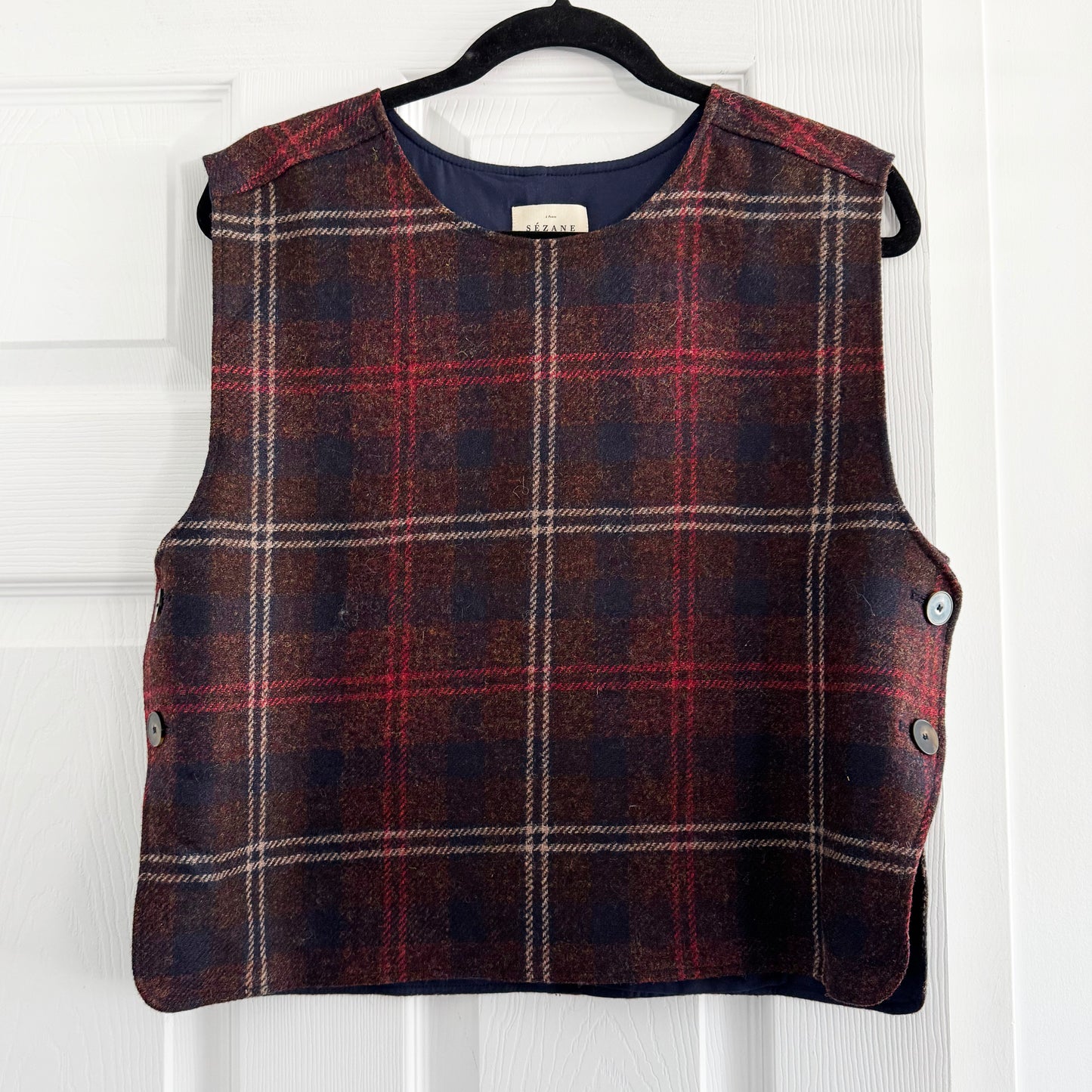 Sezane "Aaron" Plaid Vest in Maroon, size 36 (Size Small)