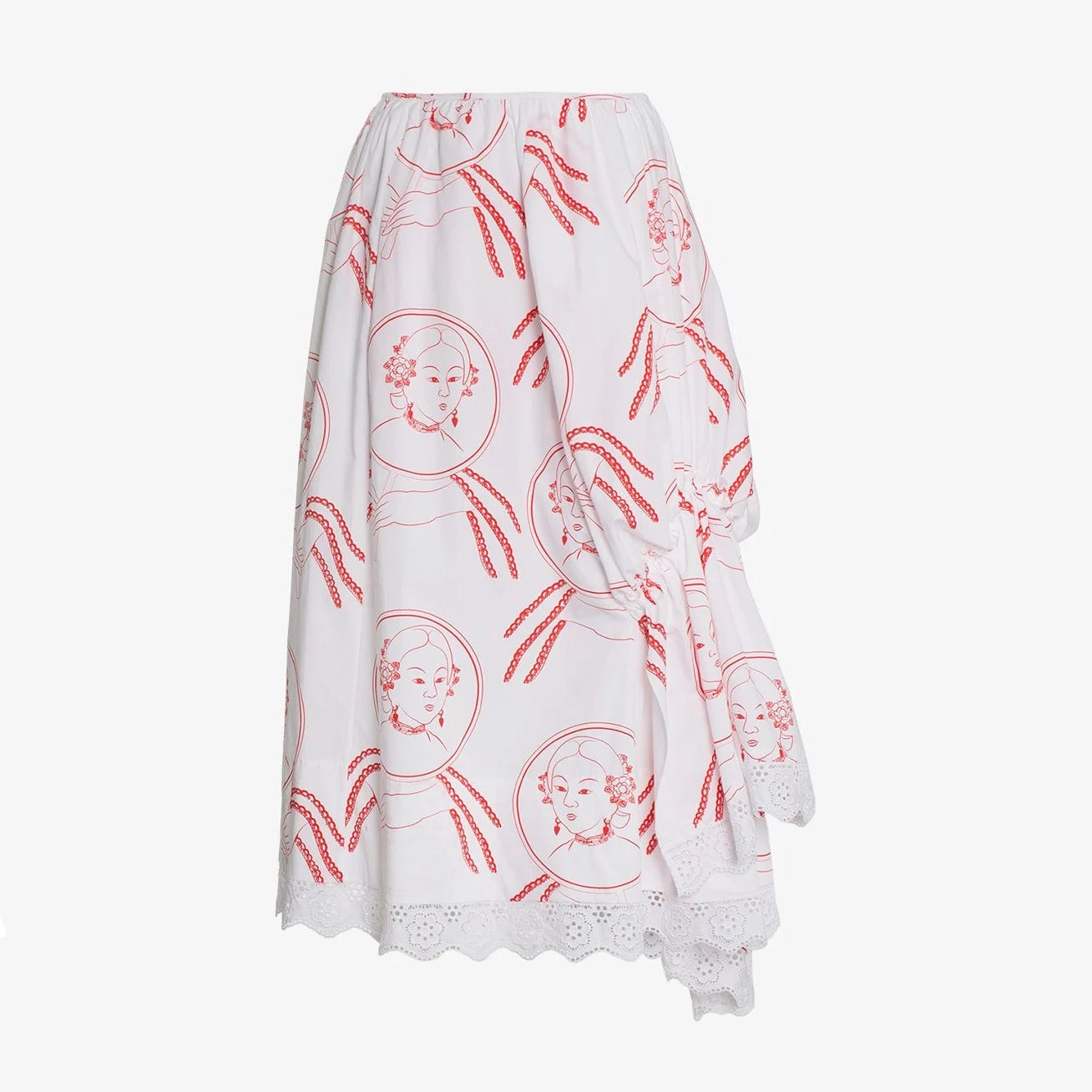 Simone Rocha Gathered Cotton Portrait-Print Skirt, size 12UK/8US