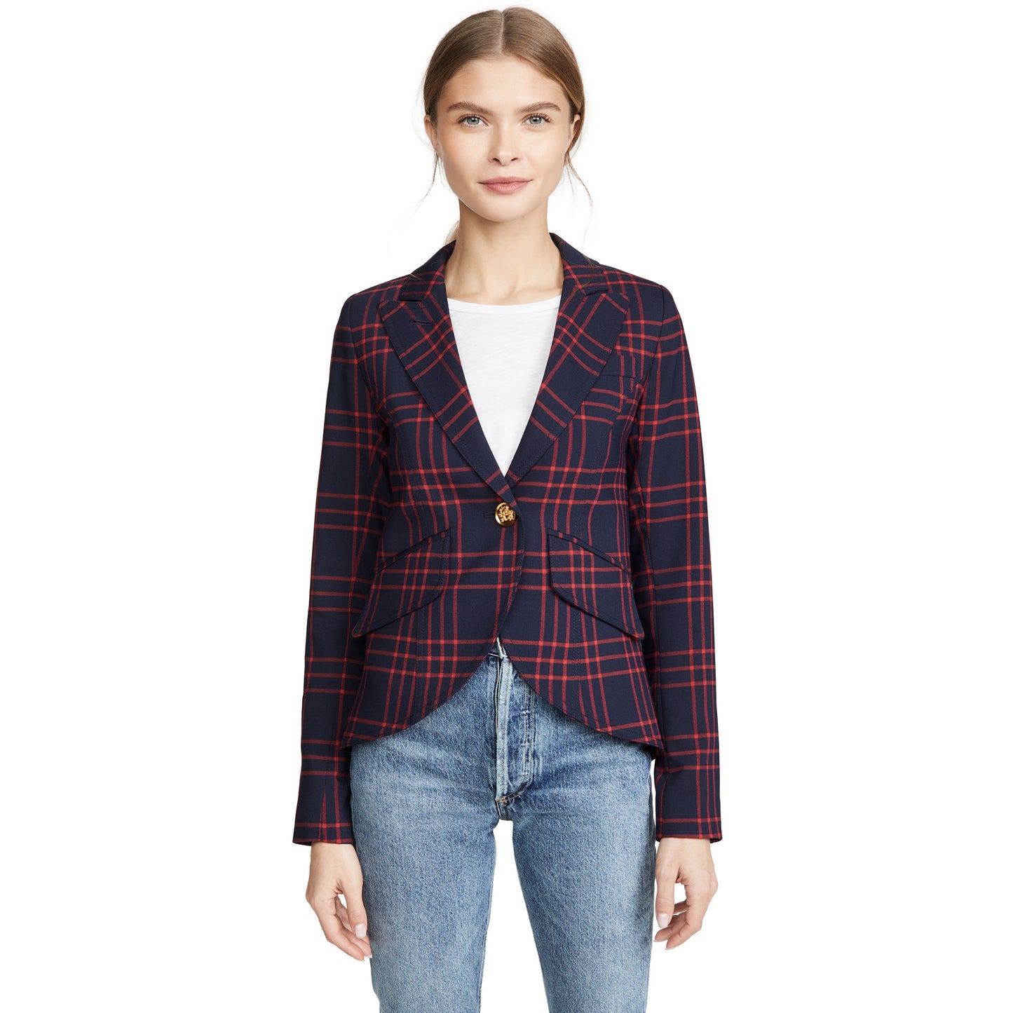 Smythe One Button Checked Blazer in Red/Navy, size 6 (Fits like slim size 4)