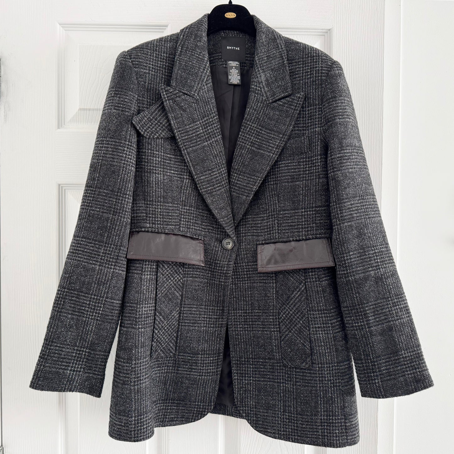 Smythe Tailored Boyfriend Blazer in Charcoal Grey Check, size 6