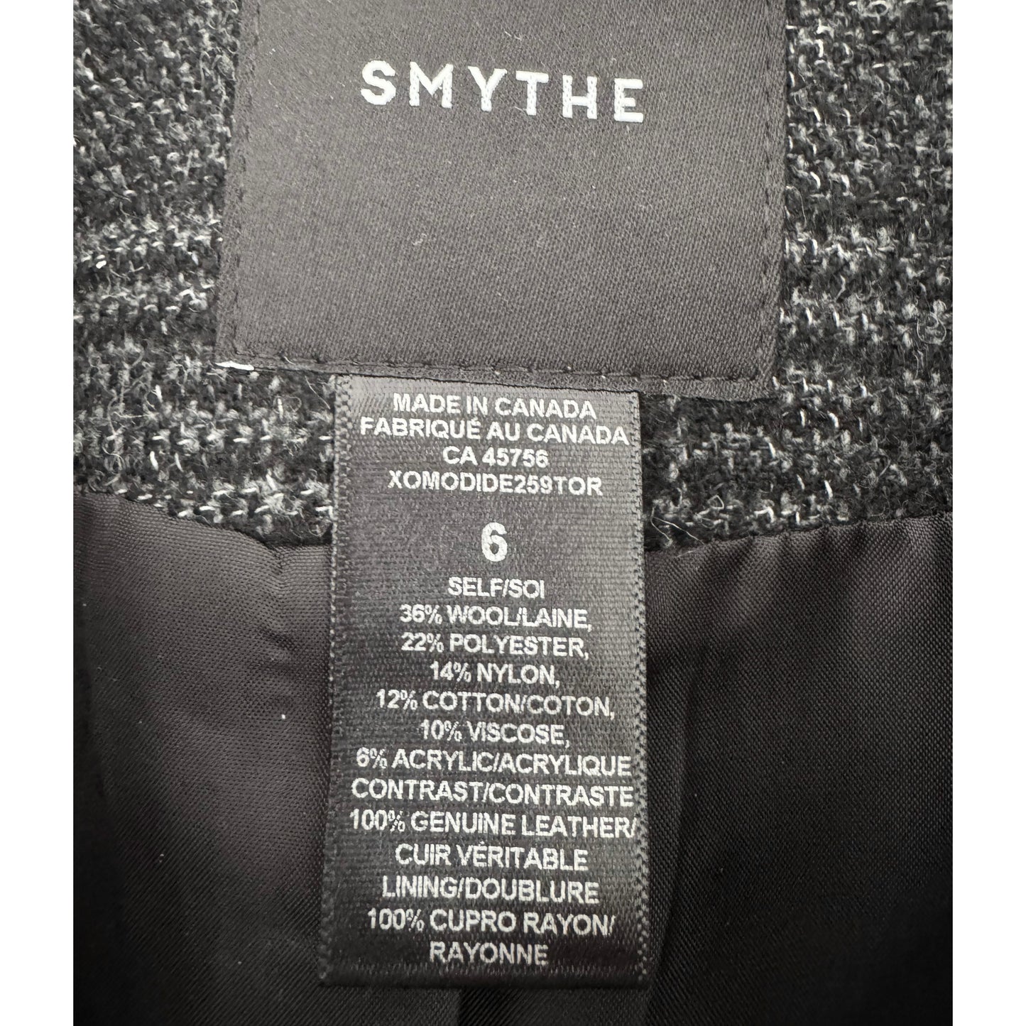Smythe Tailored Boyfriend Blazer in Charcoal Grey Check, size 6