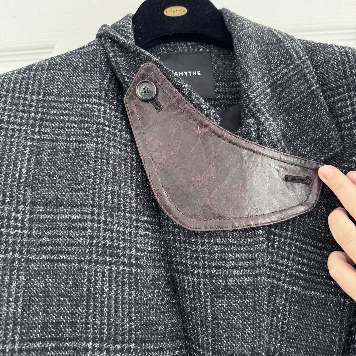 Smythe Tailored Boyfriend Blazer in Charcoal Grey Check, size 6