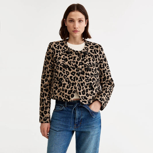 Smythe Collarless Double Breasted Mini Jacket in Leopard, size 4