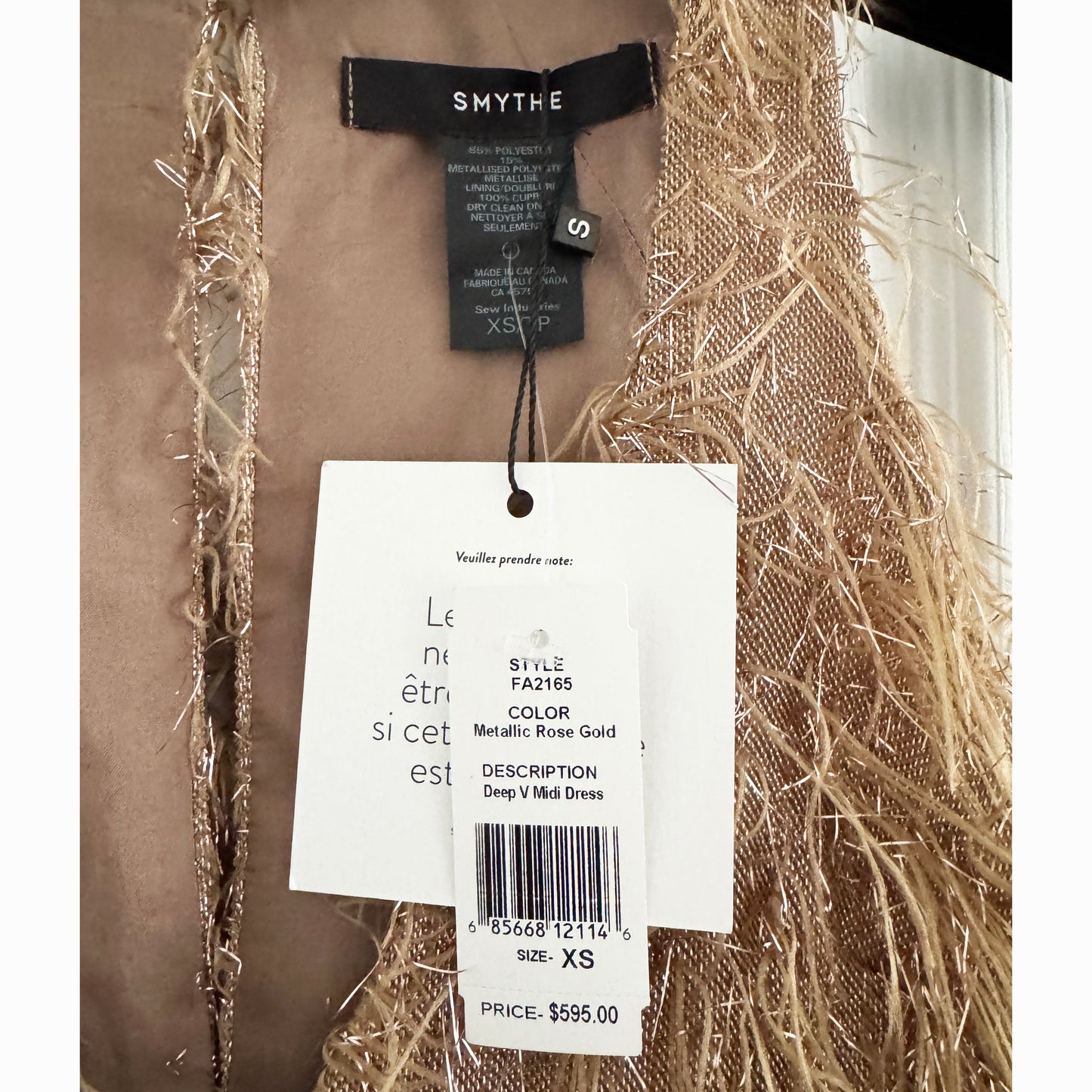 Smythe Deep V-Neck Midi Dress in Metallic Rosegold, size XS