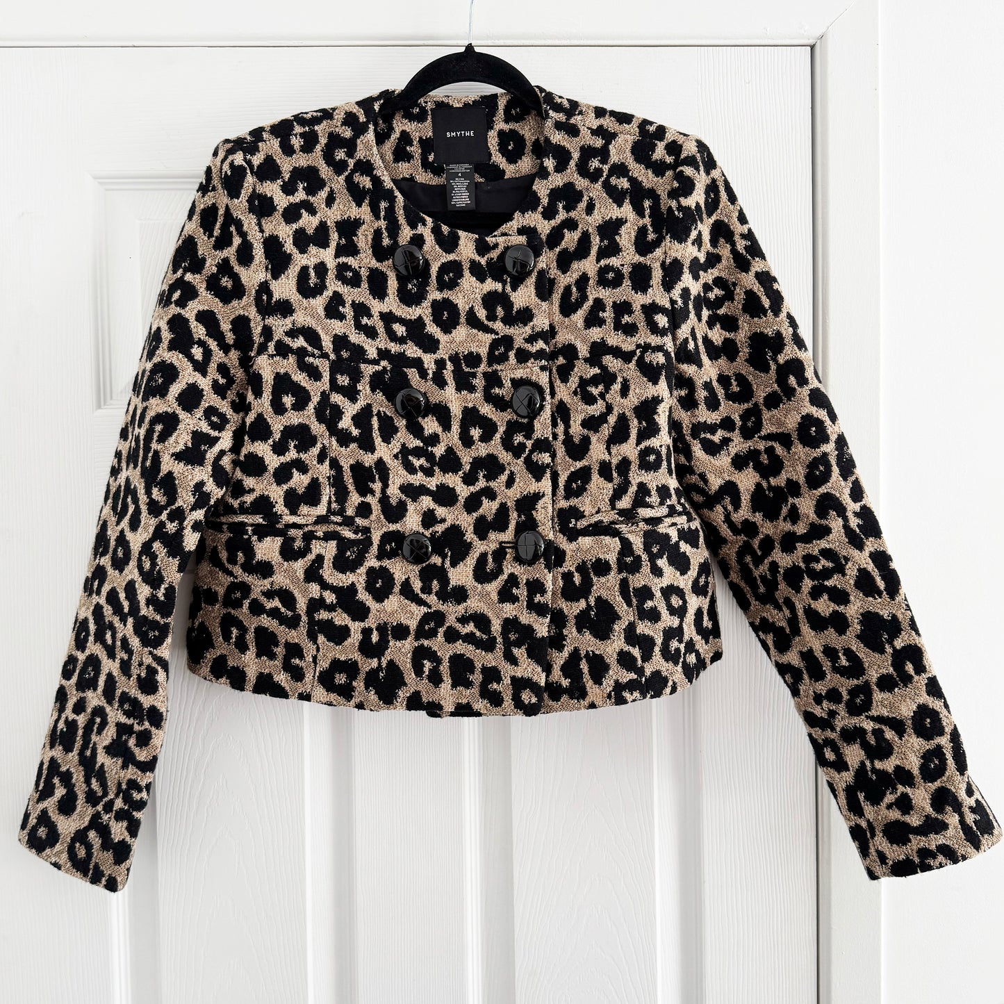 Smythe Collarless Double Breasted Mini Jacket in Leopard, size 4