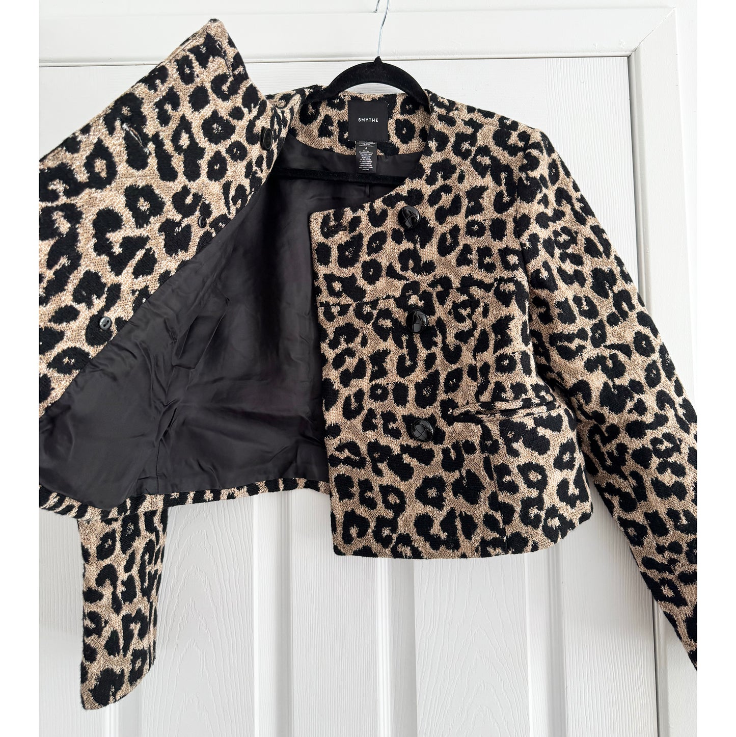 Smythe Collarless Double Breasted Mini Jacket in Leopard, size 4