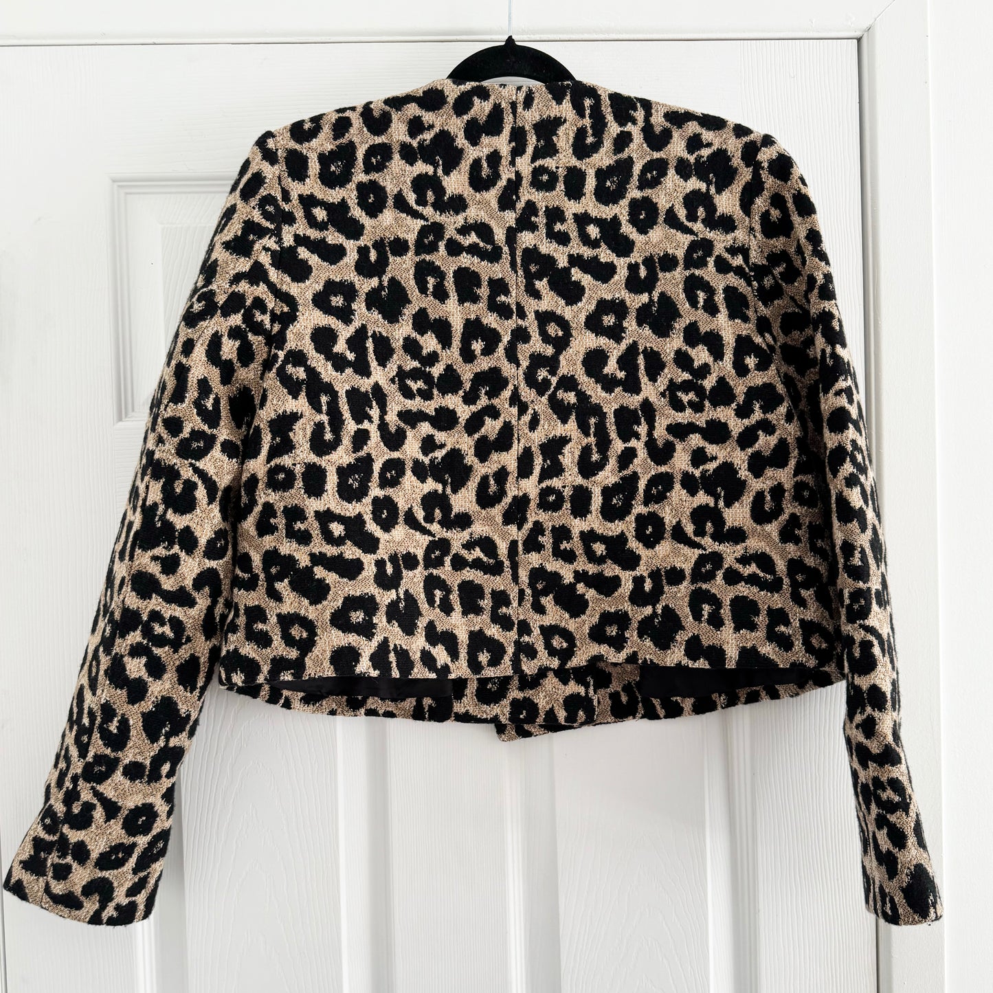 Smythe Collarless Double Breasted Mini Jacket in Leopard, size 4