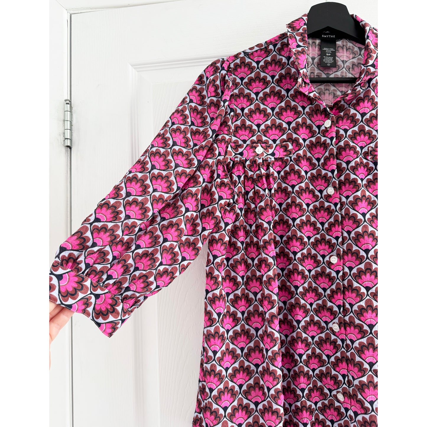Smythe Shirred Pocket Blouse in Pink Tile Print, Size Small