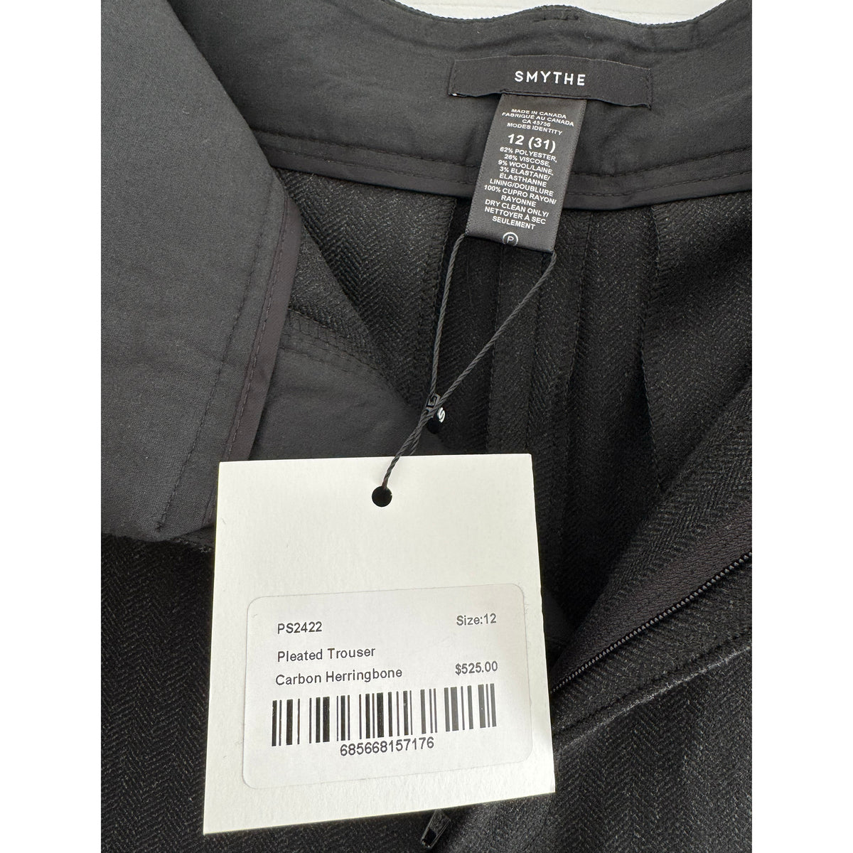 Smythe Herringbone pleated Trousers in "Carbon", size 12