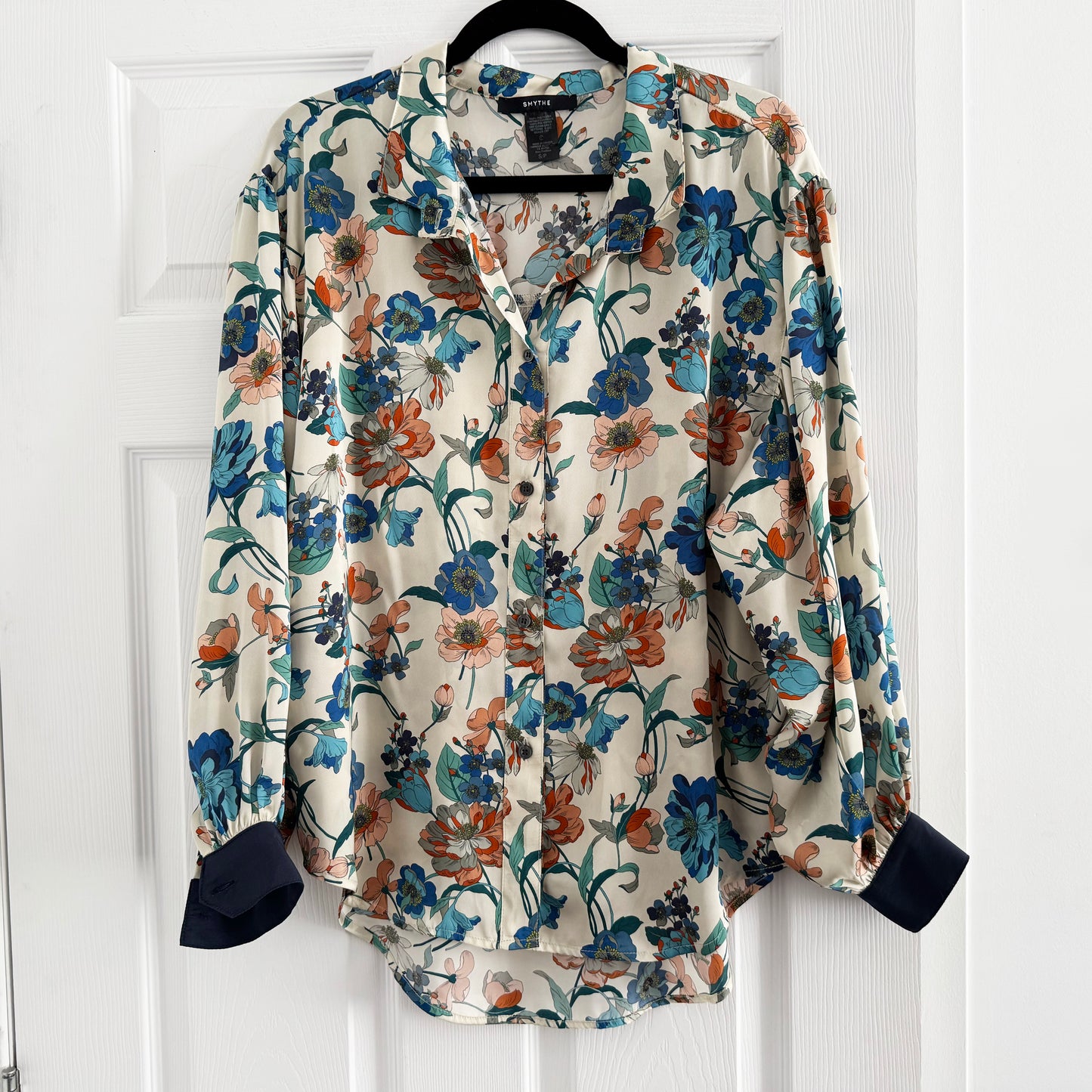 Smythe Cream Floral Print Blouse in Ivory/Blue, size Small