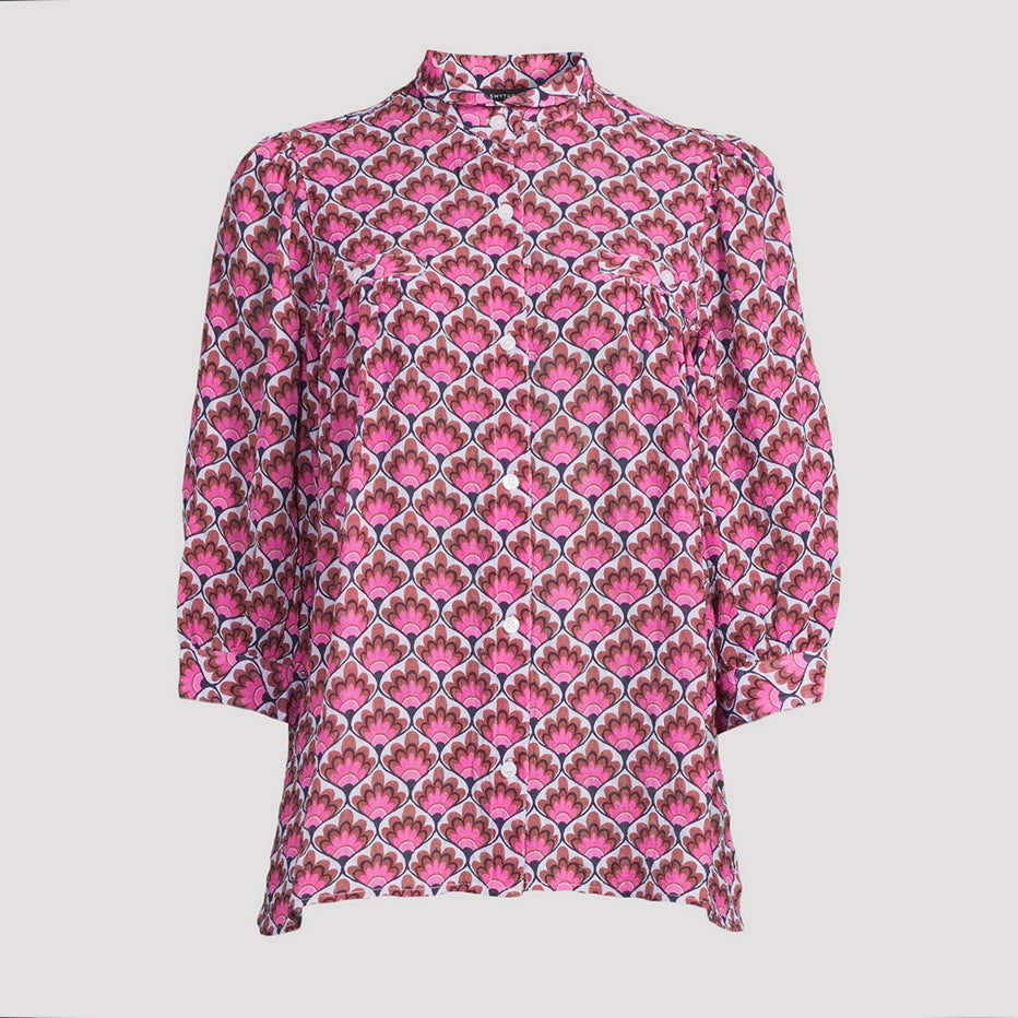 Smythe Shirred Pocket Blouse in Pink Tile Print, Size Small