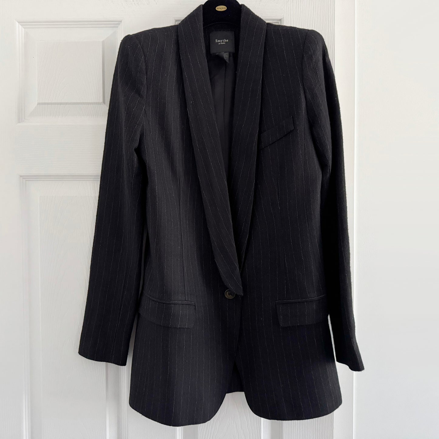 Smythe Long Shawl Collar Blazer in Pinstripe Wool, size 4
