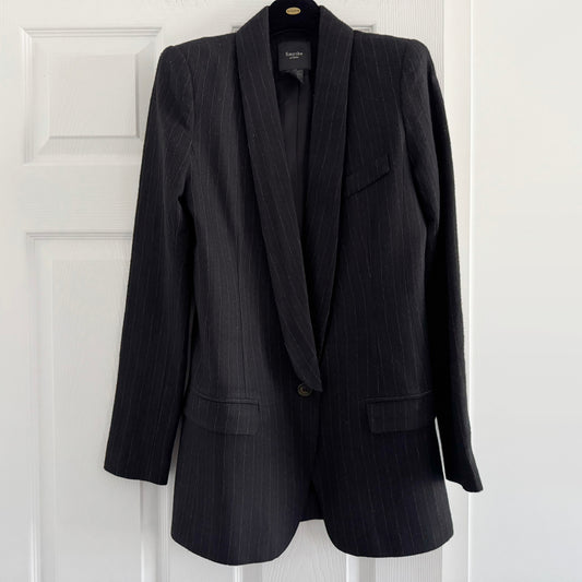 Smythe Long Shawl Collar Blazer in Pinstripe Wool, size 4