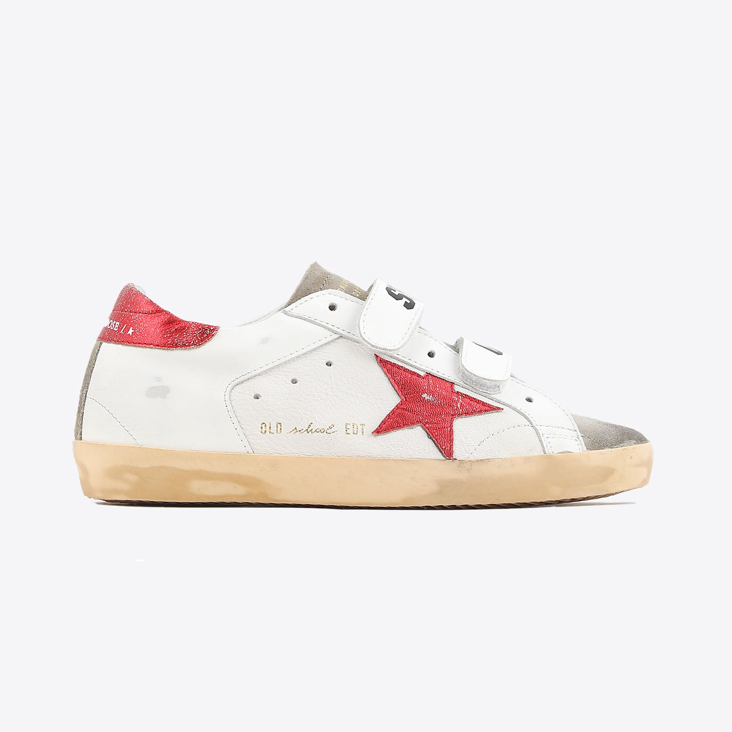 Golden Goose "Old School" Sneakers in Red/White/Taupe, size 38