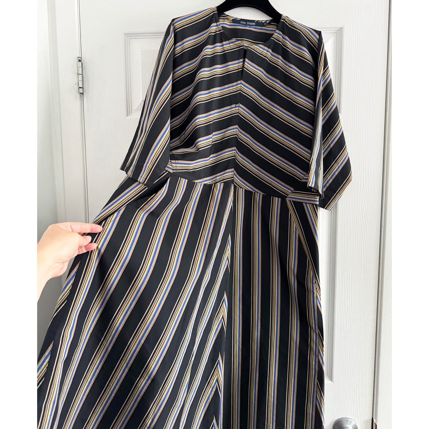 Sofie D'Hoore Striped Double Twisted Cotton Waisted Dress in Black, size 40