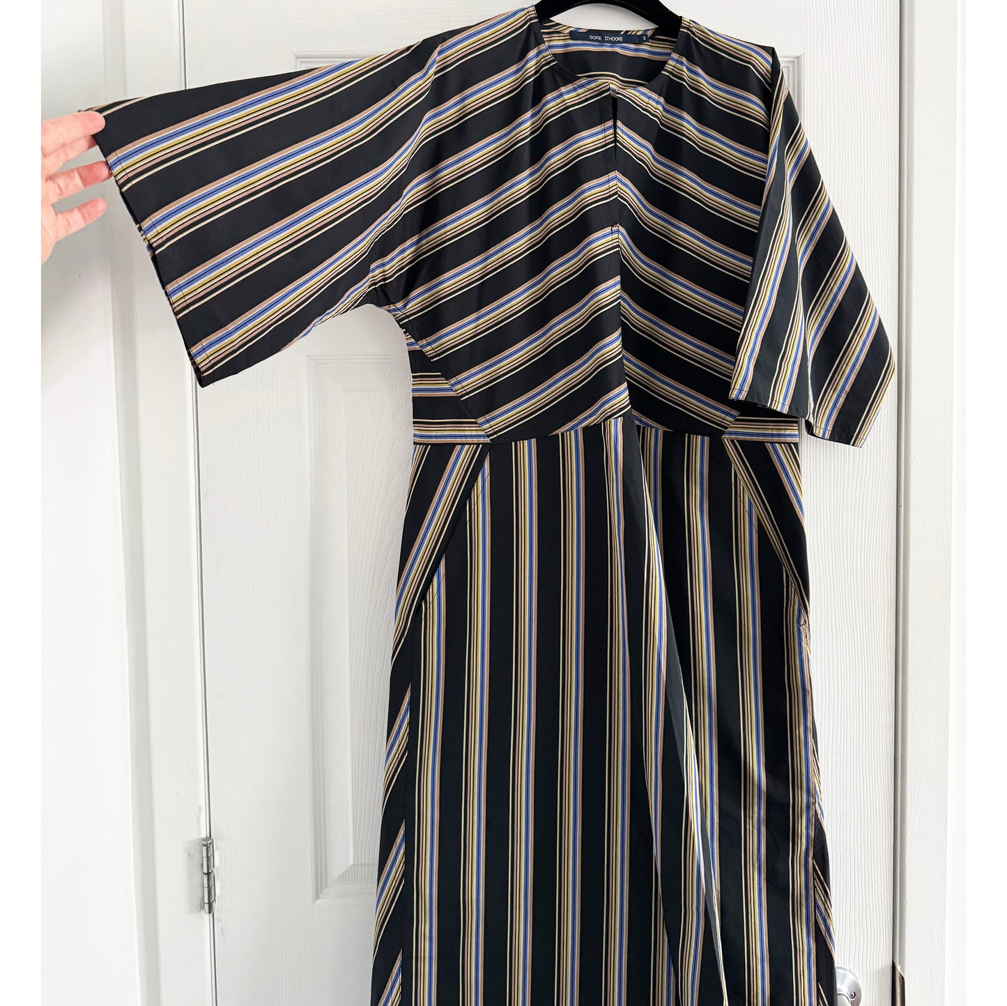Sofie D'Hoore Striped Double Twisted Cotton Waisted Dress in Black, size 40