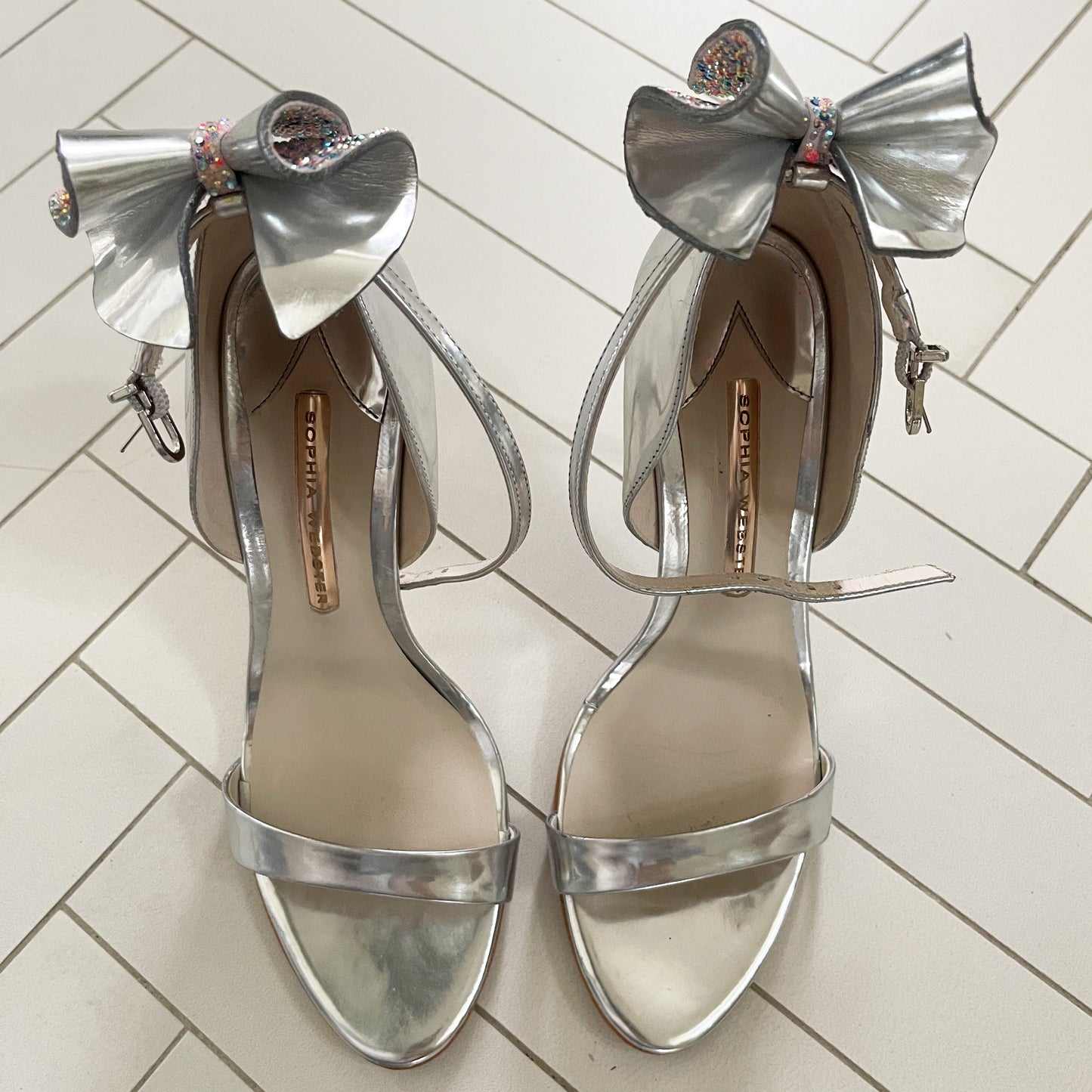 Sophia Webster "Maya" Silver Bow-Back Sandals, size 38